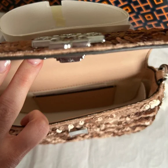 Tory Burch Britten Sequin Mini Top Handle Bag Crossbody Bag Rose Gold Silver